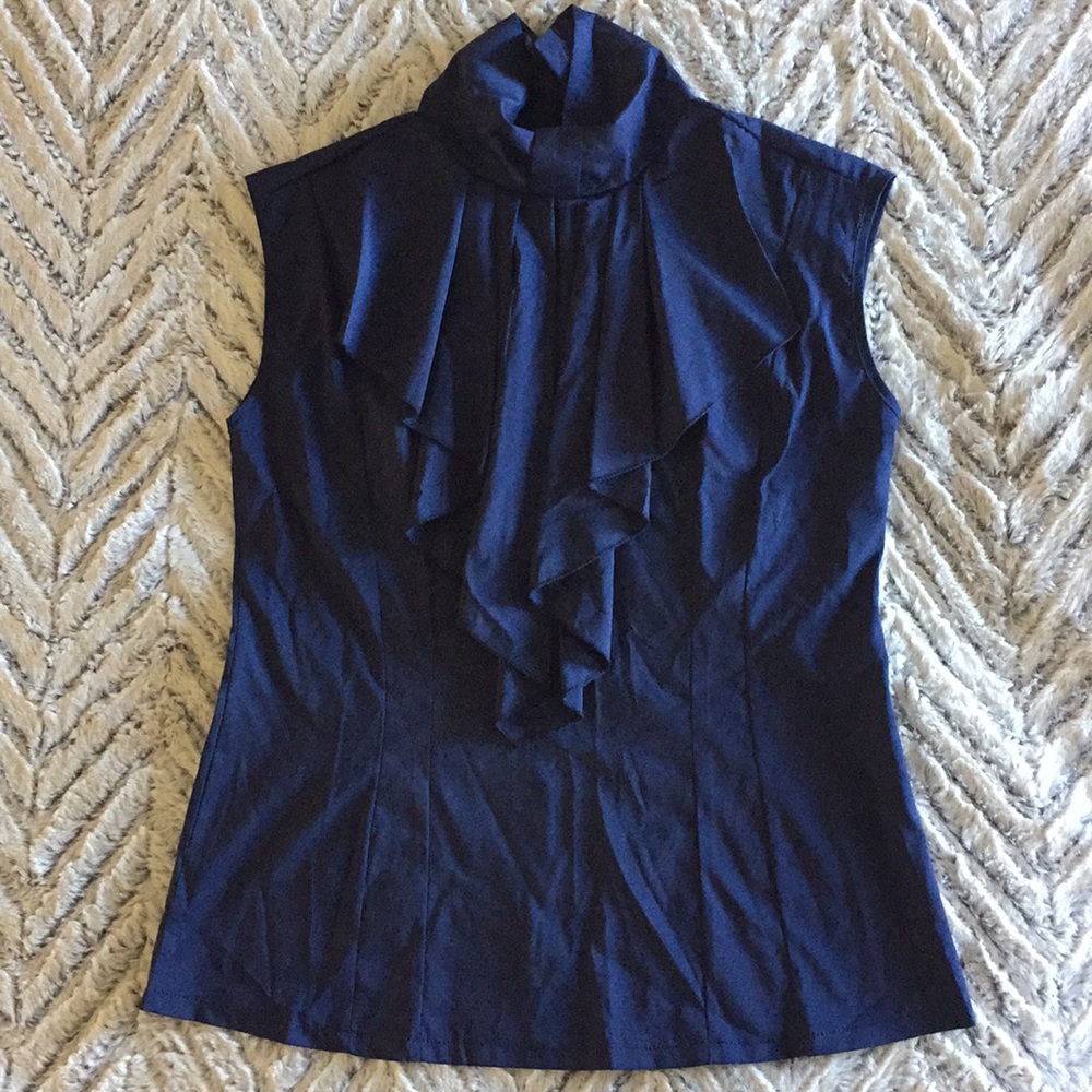 Navy blue sleeveless blouse with ruffle detail